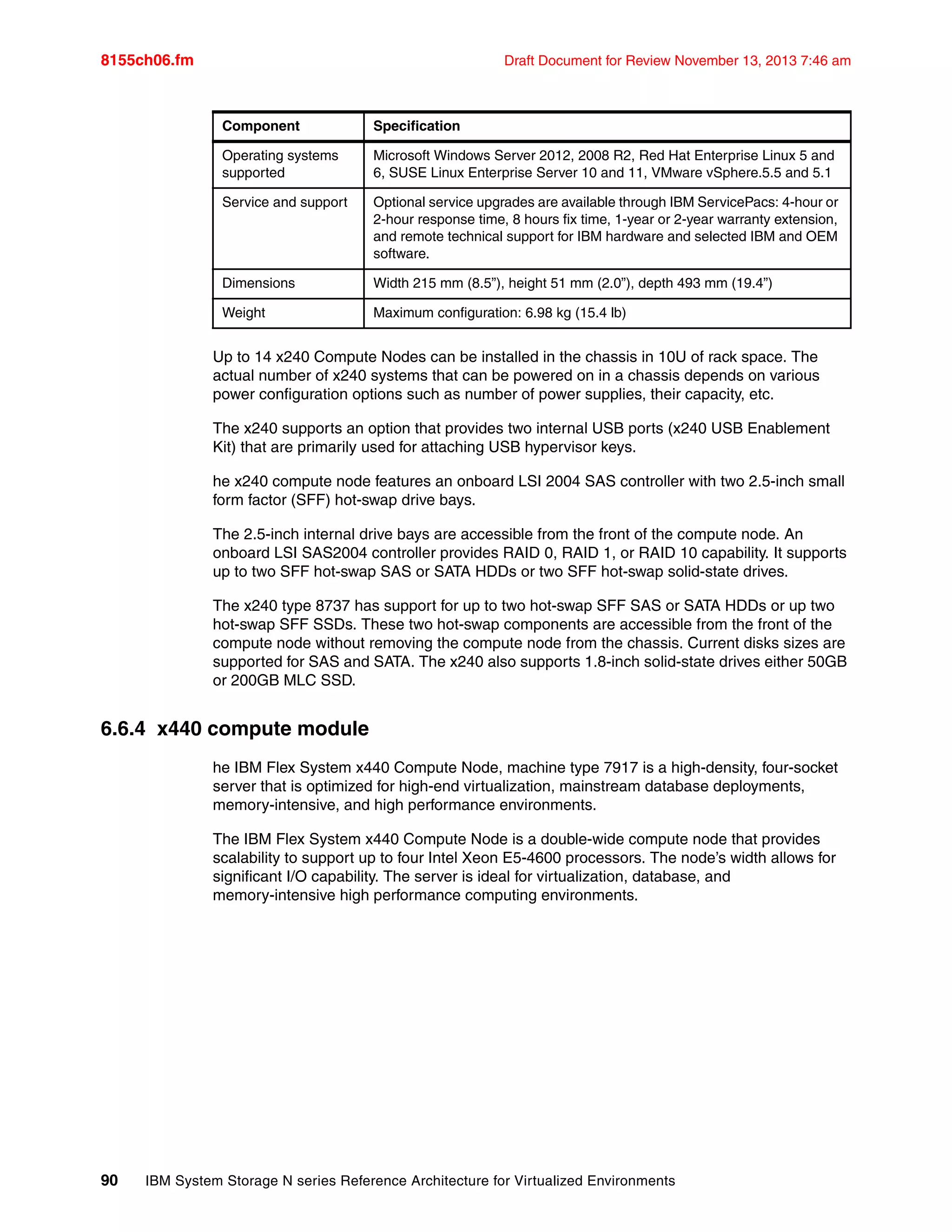 8155ch06.fm Draft Document for Review November 13, 2013 7:46 am
90 IBM System Storage N series Reference Architecture for Virtualized Environments
Up to 14 x240 Compute Nodes can be installed in the chassis in 10U of rack space. The
actual number of x240 systems that can be powered on in a chassis depends on various
power configuration options such as number of power supplies, their capacity, etc.
The x240 supports an option that provides two internal USB ports (x240 USB Enablement
Kit) that are primarily used for attaching USB hypervisor keys.
he x240 compute node features an onboard LSI 2004 SAS controller with two 2.5-inch small
form factor (SFF) hot-swap drive bays.
The 2.5-inch internal drive bays are accessible from the front of the compute node. An
onboard LSI SAS2004 controller provides RAID 0, RAID 1, or RAID 10 capability. It supports
up to two SFF hot-swap SAS or SATA HDDs or two SFF hot-swap solid-state drives.
The x240 type 8737 has support for up to two hot-swap SFF SAS or SATA HDDs or up two
hot-swap SFF SSDs. These two hot-swap components are accessible from the front of the
compute node without removing the compute node from the chassis. Current disks sizes are
supported for SAS and SATA. The x240 also supports 1.8-inch solid-state drives either 50GB
or 200GB MLC SSD.
6.6.4 x440 compute module
he IBM Flex System x440 Compute Node, machine type 7917 is a high-density, four-socket
server that is optimized for high-end virtualization, mainstream database deployments,
memory-intensive, and high performance environments.
The IBM Flex System x440 Compute Node is a double-wide compute node that provides
scalability to support up to four Intel Xeon E5-4600 processors. The node’s width allows for
significant I/O capability. The server is ideal for virtualization, database, and
memory-intensive high performance computing environments.
Operating systems
supported
Microsoft Windows Server 2012, 2008 R2, Red Hat Enterprise Linux 5 and
6, SUSE Linux Enterprise Server 10 and 11, VMware vSphere.5.5 and 5.1
Service and support Optional service upgrades are available through IBM ServicePacs: 4-hour or
2-hour response time, 8 hours fix time, 1-year or 2-year warranty extension,
and remote technical support for IBM hardware and selected IBM and OEM
software.
Dimensions Width 215 mm (8.5”), height 51 mm (2.0”), depth 493 mm (19.4”)
Weight Maximum configuration: 6.98 kg (15.4 lb)
Component Specification
 