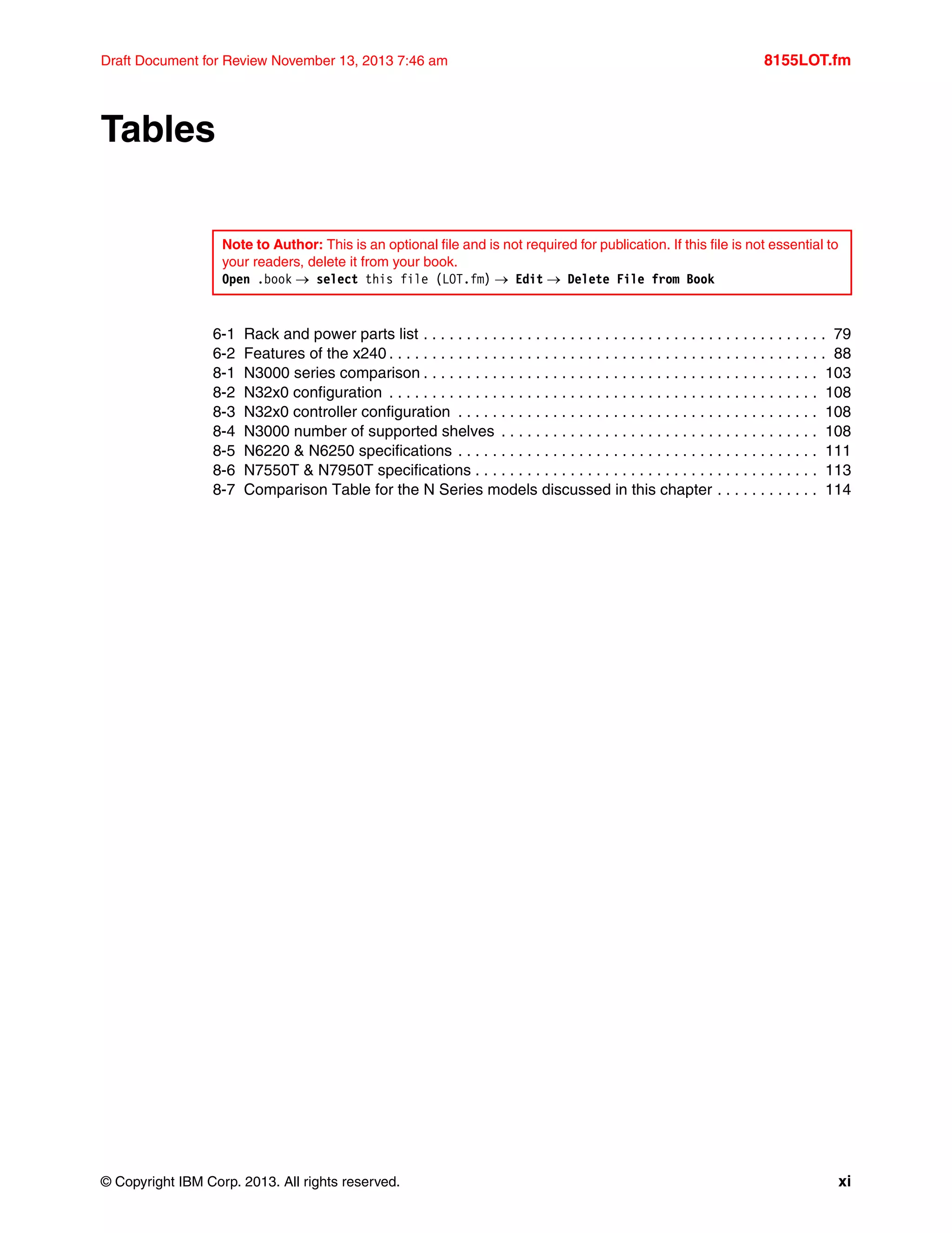 © Copyright IBM Corp. 2013. All rights reserved. xi
Draft Document for Review November 13, 2013 7:46 am 8155LOT.fm
Tables
6-1 Rack and power parts list . . . . . . . . . . . . . . . . . . . . . . . . . . . . . . . . . . . . . . . . . . . . . . . 79
6-2 Features of the x240 . . . . . . . . . . . . . . . . . . . . . . . . . . . . . . . . . . . . . . . . . . . . . . . . . . . 88
8-1 N3000 series comparison . . . . . . . . . . . . . . . . . . . . . . . . . . . . . . . . . . . . . . . . . . . . . . 103
8-2 N32x0 configuration . . . . . . . . . . . . . . . . . . . . . . . . . . . . . . . . . . . . . . . . . . . . . . . . . . 108
8-3 N32x0 controller configuration . . . . . . . . . . . . . . . . . . . . . . . . . . . . . . . . . . . . . . . . . . 108
8-4 N3000 number of supported shelves . . . . . . . . . . . . . . . . . . . . . . . . . . . . . . . . . . . . . 108
8-5 N6220 & N6250 specifications . . . . . . . . . . . . . . . . . . . . . . . . . . . . . . . . . . . . . . . . . . 111
8-6 N7550T & N7950T specifications . . . . . . . . . . . . . . . . . . . . . . . . . . . . . . . . . . . . . . . . 113
8-7 Comparison Table for the N Series models discussed in this chapter . . . . . . . . . . . . 114
Note to Author: This is an optional file and is not required for publication. If this file is not essential to
your readers, delete it from your book.
Open .book  select this file (LOT.fm)  Edit  Delete File from Book
 