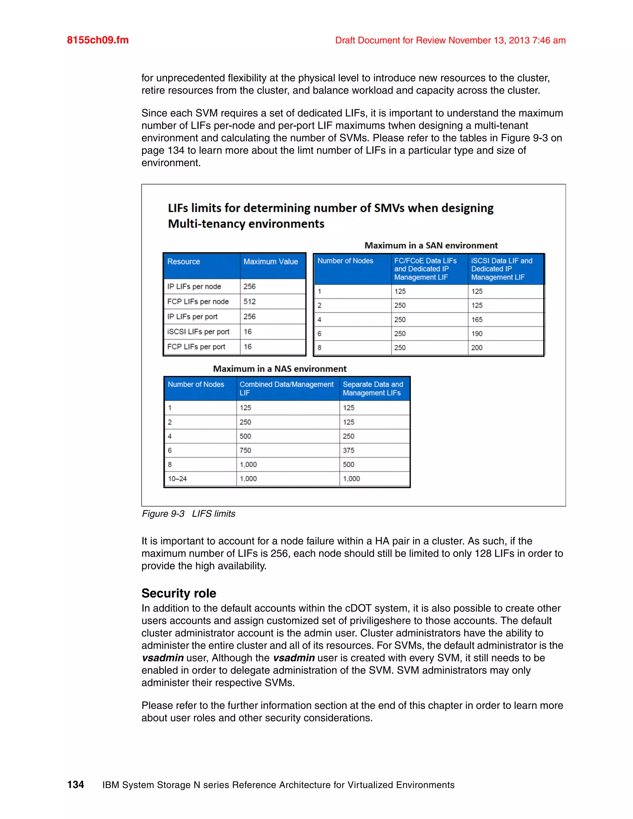 8155ch09.fm Draft Document for Review November 13, 2013 7:46 am
134 IBM System Storage N series Reference Architecture for Virtualized Environments
for unprecedented flexibility at the physical level to introduce new resources to the cluster,
retire resources from the cluster, and balance workload and capacity across the cluster.
Since each SVM requires a set of dedicated LIFs, it is important to understand the maximum
number of LIFs per-node and per-port LIF maximums twhen designing a multi-tenant
environment and calculating the number of SVMs. Please refer to the tables in Figure 9-3 on
page 134 to learn more about the limt number of LIFs in a particular type and size of
environment.
Figure 9-3 LIFS limits
It is important to account for a node failure within a HA pair in a cluster. As such, if the
maximum number of LIFs is 256, each node should still be limited to only 128 LIFs in order to
provide the high availability.
Security role
In addition to the default accounts within the cDOT system, it is also possible to create other
users accounts and assign customized set of priviligeshere to those accounts. The default
cluster administrator account is the admin user. Cluster administrators have the ability to
administer the entire cluster and all of its resources. For SVMs, the default administrator is the
vsadmin user, Although the vsadmin user is created with every SVM, it still needs to be
enabled in order to delegate administration of the SVM. SVM administrators may only
administer their respective SVMs.
Please refer to the further information section at the end of this chapter in order to learn more
about user roles and other security considerations.
 