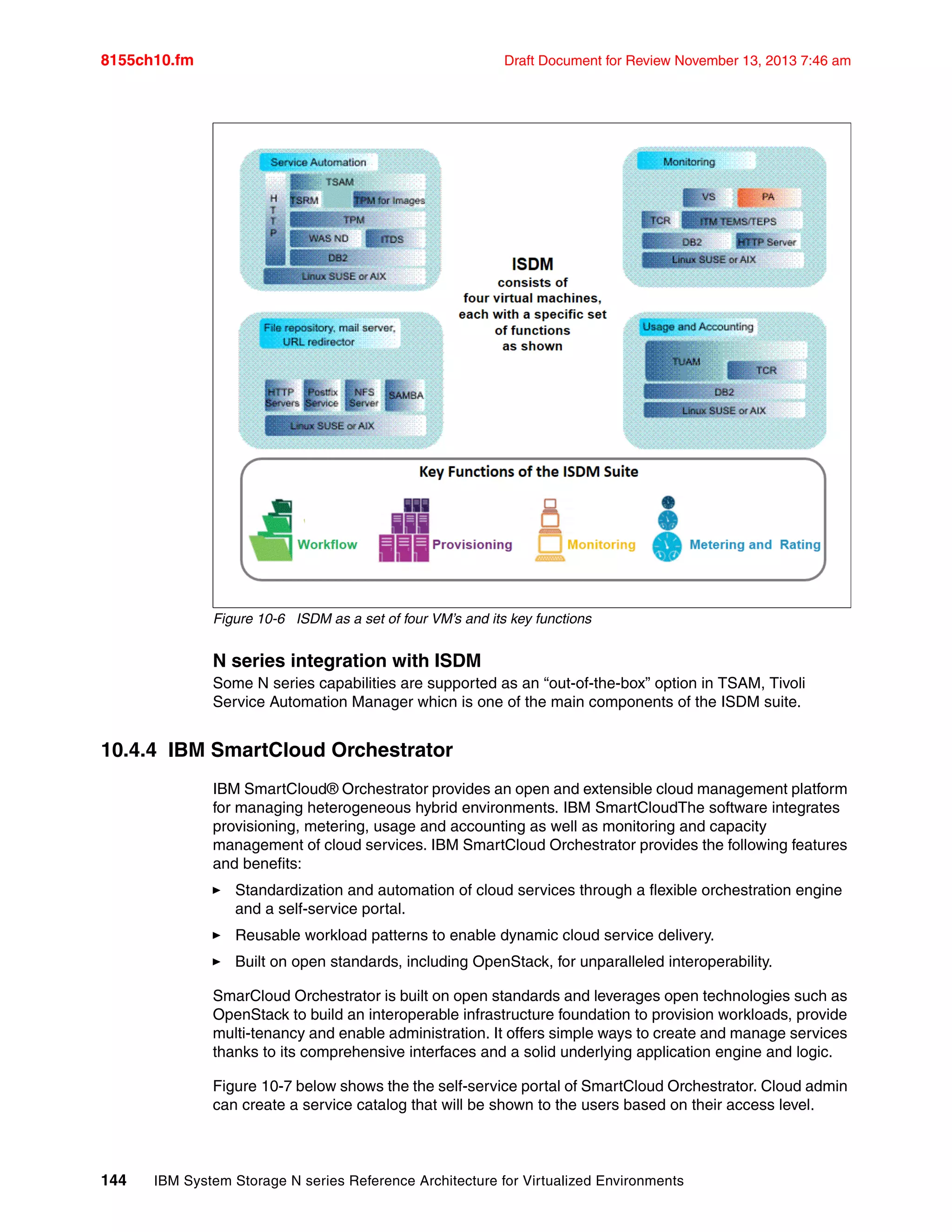 8155ch10.fm Draft Document for Review November 13, 2013 7:46 am
144 IBM System Storage N series Reference Architecture for Virtualized Environments
Figure 10-6 ISDM as a set of four VM’s and its key functions
N series integration with ISDM
Some N series capabilities are supported as an “out-of-the-box” option in TSAM, Tivoli
Service Automation Manager whicn is one of the main components of the ISDM suite.
10.4.4 IBM SmartCloud Orchestrator
IBM SmartCloud® Orchestrator provides an open and extensible cloud management platform
for managing heterogeneous hybrid environments. IBM SmartCloudThe software integrates
provisioning, metering, usage and accounting as well as monitoring and capacity
management of cloud services. IBM SmartCloud Orchestrator provides the following features
and benefits:
򐂰 Standardization and automation of cloud services through a flexible orchestration engine
and a self-service portal.
򐂰 Reusable workload patterns to enable dynamic cloud service delivery.
򐂰 Built on open standards, including OpenStack, for unparalleled interoperability.
SmarCloud Orchestrator is built on open standards and leverages open technologies such as
OpenStack to build an interoperable infrastructure foundation to provision workloads, provide
multi-tenancy and enable administration. It offers simple ways to create and manage services
thanks to its comprehensive interfaces and a solid underlying application engine and logic.
Figure 10-7 below shows the the self-service portal of SmartCloud Orchestrator. Cloud admin
can create a service catalog that will be shown to the users based on their access level.
 