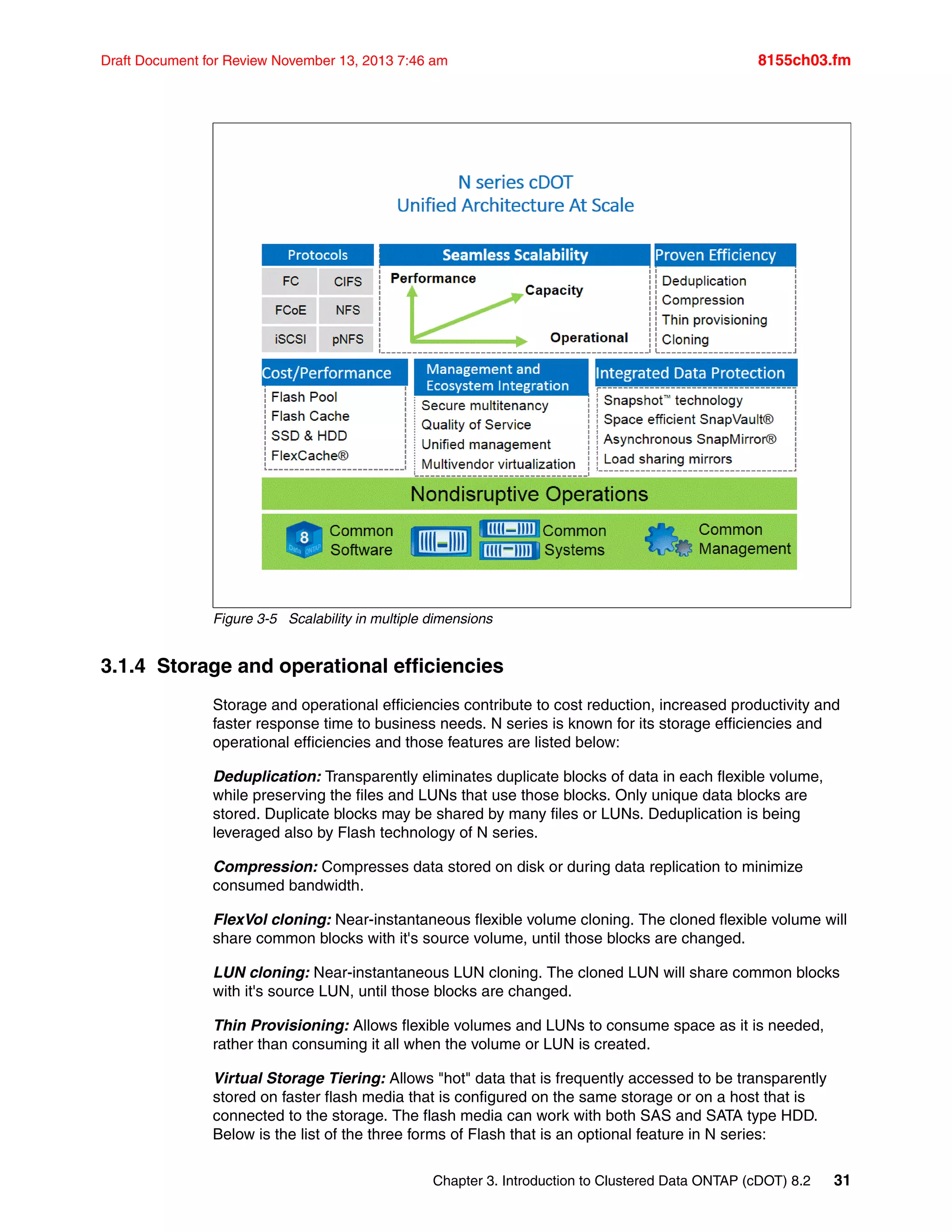 Chapter 3. Introduction to Clustered Data ONTAP (cDOT) 8.2 31
Draft Document for Review November 13, 2013 7:46 am 8155ch03.fm
Figure 3-5 Scalability in multiple dimensions
3.1.4 Storage and operational efficiencies
Storage and operational efficiencies contribute to cost reduction, increased productivity and
faster response time to business needs. N series is known for its storage efficiencies and
operational efficiencies and those features are listed below:
Deduplication: Transparently eliminates duplicate blocks of data in each flexible volume,
while preserving the files and LUNs that use those blocks. Only unique data blocks are
stored. Duplicate blocks may be shared by many files or LUNs. Deduplication is being
leveraged also by Flash technology of N series.
Compression: Compresses data stored on disk or during data replication to minimize
consumed bandwidth.
FlexVol cloning: Near-instantaneous flexible volume cloning. The cloned flexible volume will
share common blocks with it's source volume, until those blocks are changed.
LUN cloning: Near-instantaneous LUN cloning. The cloned LUN will share common blocks
with it's source LUN, until those blocks are changed.
Thin Provisioning: Allows flexible volumes and LUNs to consume space as it is needed,
rather than consuming it all when the volume or LUN is created.
Virtual Storage Tiering: Allows "hot" data that is frequently accessed to be transparently
stored on faster flash media that is configured on the same storage or on a host that is
connected to the storage. The flash media can work with both SAS and SATA type HDD.
Below is the list of the three forms of Flash that is an optional feature in N series:
 