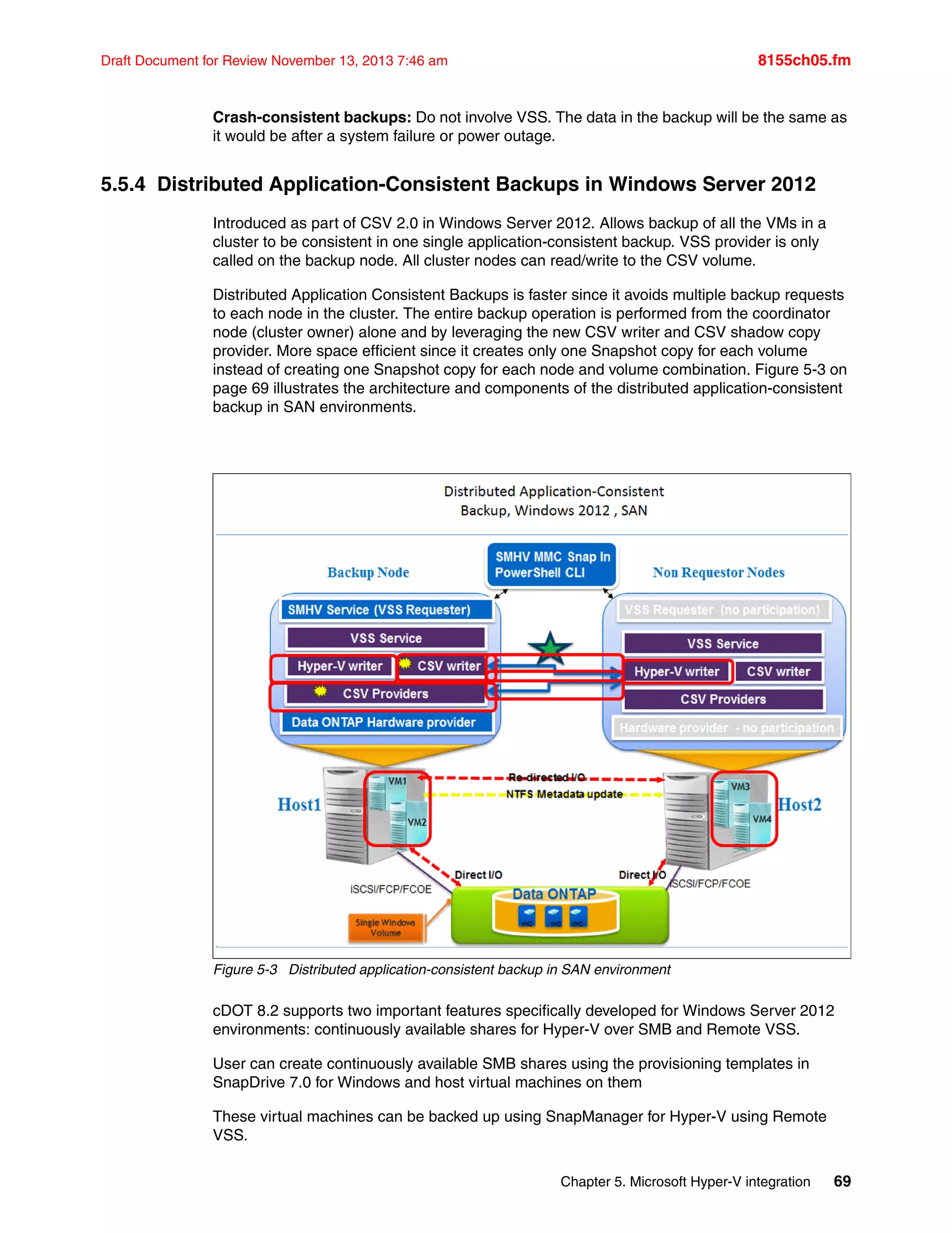 Chapter 5. Microsoft Hyper-V integration 69
Draft Document for Review November 13, 2013 7:46 am 8155ch05.fm
Crash-consistent backups: Do not involve VSS. The data in the backup will be the same as
it would be after a system failure or power outage.
5.5.4 Distributed Application-Consistent Backups in Windows Server 2012
Introduced as part of CSV 2.0 in Windows Server 2012. Allows backup of all the VMs in a
cluster to be consistent in one single application-consistent backup. VSS provider is only
called on the backup node. All cluster nodes can read/write to the CSV volume.
Distributed Application Consistent Backups is faster since it avoids multiple backup requests
to each node in the cluster. The entire backup operation is performed from the coordinator
node (cluster owner) alone and by leveraging the new CSV writer and CSV shadow copy
provider. More space efficient since it creates only one Snapshot copy for each volume
instead of creating one Snapshot copy for each node and volume combination. Figure 5-3 on
page 69 illustrates the architecture and components of the distributed application-consistent
backup in SAN environments.
Figure 5-3 Distributed application-consistent backup in SAN environment
cDOT 8.2 supports two important features specifically developed for Windows Server 2012
environments: continuously available shares for Hyper-V over SMB and Remote VSS.
User can create continuously available SMB shares using the provisioning templates in
SnapDrive 7.0 for Windows and host virtual machines on them
These virtual machines can be backed up using SnapManager for Hyper-V using Remote
VSS.
 