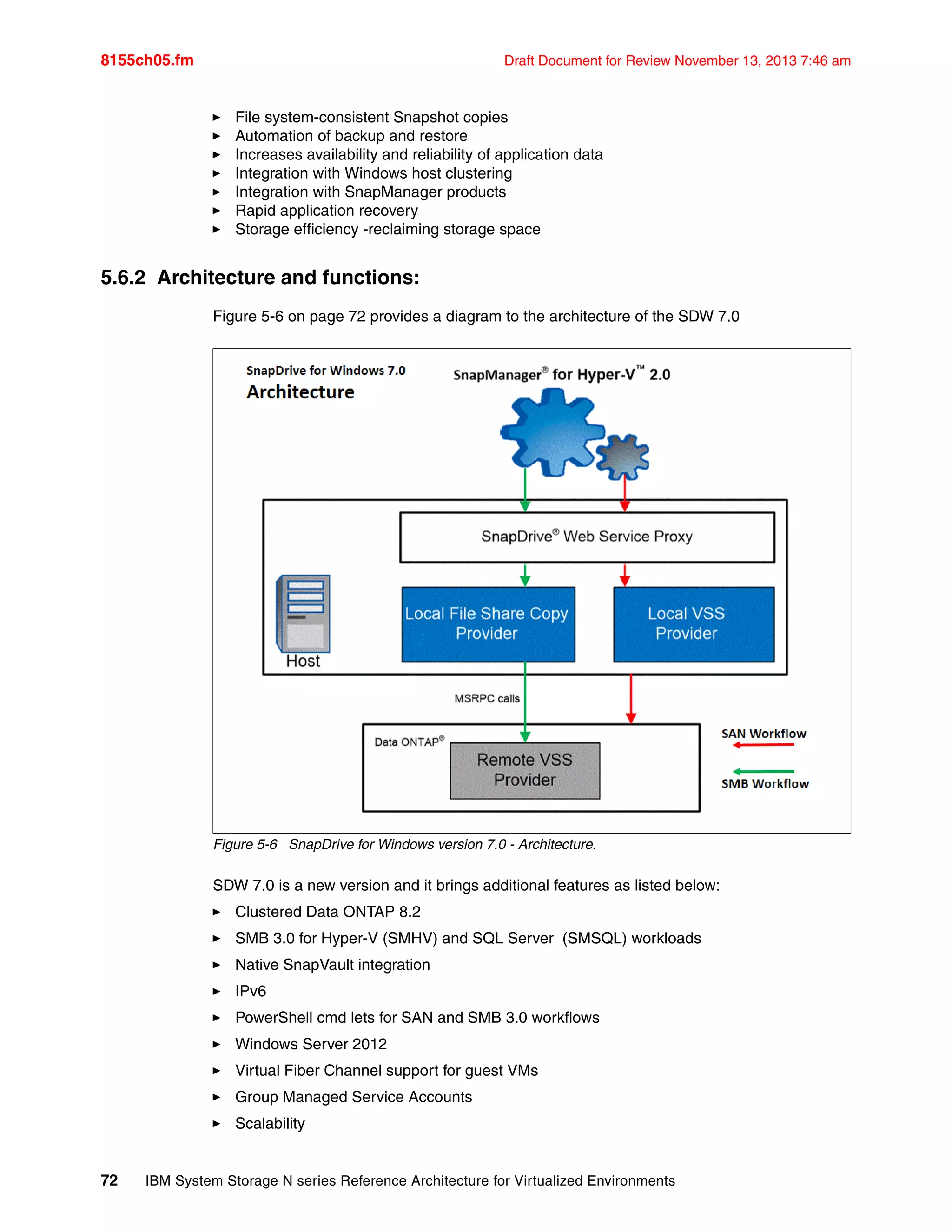 8155ch05.fm Draft Document for Review November 13, 2013 7:46 am
72 IBM System Storage N series Reference Architecture for Virtualized Environments
򐂰 File system-consistent Snapshot copies
򐂰 Automation of backup and restore
򐂰 Increases availability and reliability of application data
򐂰 Integration with Windows host clustering
򐂰 Integration with SnapManager products
򐂰 Rapid application recovery
򐂰 Storage efficiency -reclaiming storage space
5.6.2 Architecture and functions:
Figure 5-6 on page 72 provides a diagram to the architecture of the SDW 7.0
Figure 5-6 SnapDrive for Windows version 7.0 - Architecture.
SDW 7.0 is a new version and it brings additional features as listed below:
򐂰 Clustered Data ONTAP 8.2
򐂰 SMB 3.0 for Hyper-V (SMHV) and SQL Server (SMSQL) workloads
򐂰 Native SnapVault integration
򐂰 IPv6
򐂰 PowerShell cmd lets for SAN and SMB 3.0 workflows
򐂰 Windows Server 2012
򐂰 Virtual Fiber Channel support for guest VMs
򐂰 Group Managed Service Accounts
򐂰 Scalability
 