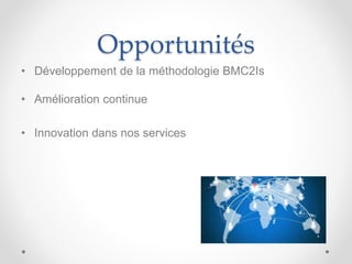 Opportunités
• Développement de la méthodologie BMC2Is
• Amélioration continue
• Innovation dans nos services
 