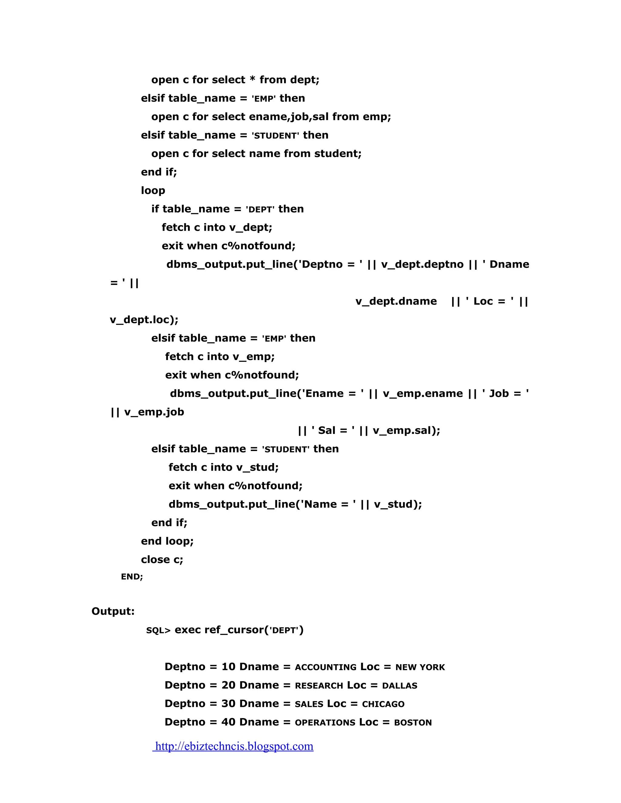 open c for select * from dept;
elsif table_name = 'EMP' then
open c for select ename,job,sal from emp;
elsif table_name = 'STUDENT' then
open c for select name from student;
end if;
loop
if table_name = 'DEPT' then
fetch c into v_dept;
exit when c%notfound;
dbms_output.put_line('Deptno = ' || v_dept.deptno || ' Dname
= ' ||
v_dept.dname || ' Loc = ' ||
v_dept.loc);
elsif table_name = 'EMP' then
fetch c into v_emp;
exit when c%notfound;
dbms_output.put_line('Ename = ' || v_emp.ename || ' Job = '
|| v_emp.job
|| ' Sal = ' || v_emp.sal);
elsif table_name = 'STUDENT' then
fetch c into v_stud;
exit when c%notfound;
dbms_output.put_line('Name = ' || v_stud);
end if;
end loop;
close c;
END;
Output:
SQL> exec ref_cursor('DEPT')
Deptno = 10 Dname = ACCOUNTING Loc = NEW YORK
Deptno = 20 Dname = RESEARCH Loc = DALLAS
Deptno = 30 Dname = SALES Loc = CHICAGO
Deptno = 40 Dname = OPERATIONS Loc = BOSTON
http://ebiztechncis.blogspot.com
 