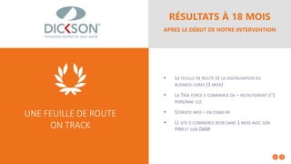 RÉSULTATS À 18 MOIS
APRES LE DÉBUT DE NOTRE INTERVENTION
• LA FEUILLE DE ROUTE DE LA DIGITALISATION DU
BUSINESS LIVREE (3 MOIS)
• LA TASK FORCE E-COMMERCE OK – RECRUTEMENT D’1
PERSONNE CLÉ
• STORISTE INFO – EN STAND BY
• LE SITE E-COMMERCE BTOB DANS 1 MOIS AVEC SON
PIM ET SON DAM
UNE FEUILLE DE ROUTE
ON TRACK
 