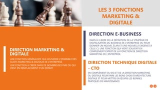 LES 3 FONCTIONS
MARKETING &
DIGITALE
UNE FONCTION GÉNÉRALISTE QUI GOUVERNE L’ENSEMBLE DES
SUJETS MARKETING & DIGITAUX DE L’ENTREPRISE.
UNE FONCTION À CRÉER DANS DE NOMBREUSES PME OU QUI
VIENT EN REMPLACEMENT D’UN DÉPART.
DIRECTION MARKETING &
DIGITALE
DIRECTION E-BUSINESS
DIRECTION TECHNIQUE DIGITALE
- CTO
DANS LE CADRE DE LA DÉFINITION DE LA STRATÉGIE DE
DIGITALISATION DU BUSINESS DE L’ENTREPRISE OU POUR
DONNER UN NOUVEL ÉLAN ET UNE NOUVELLE EXIGENCE À
CELLE-CI. UNE FONCTION QUI VIENT SOUVENT EN
COMPLÉMENT EXPERT DE LA FONCTION DE DIRECTION
MARKETING DE L’ENTREPRISE.
EN COMPLÉMENT DU DSI ET DE LA DIRECTION MARKETING
OU DIGITALE POUR FAIRE LES BONS CHOIX D’ARCHITECTURE
DIGITALE ET POUR METTRE EN ŒUVRE LES BONNES
PRATIQUES DE MAINTENANCE.
 