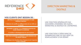 DIRECTION MARKETING &
DIGITALE
UNE FONCTION GÉNÉRALISTE QUI
GOUVERNE L’ENSEMBLE DES SUJETS
MARKETING & DIGITAUX DE L’ENTREPRISE.
UNE FONCTION À CRÉER DANS DE
NOMBREUSES PME OU QUI VIENT EN
REMPLACEMENT D’UN DÉPART
VOS CLIENTS ONT BESOIN DE :
METTRE À PLAT LEUR POSITIONNEMENT ET LEUR
PRÉSENCE DIGITALE
→ Redonner du souffle à la différenciation de son offre sur
le marché
IINTÉGRER LE DIGITAL À LA COMMERCIALISATION DE
LEURS PRODUITS & SERVICES
→ Accélérer le développement de votre business
AIDE POUR EXPRIMER CLAIREMENT LEURS BESOINS SUR
UN PROJET DIGITAL
→ Débloquer des situations dans l’impasse via de l’expertise
et de la méthode
 
