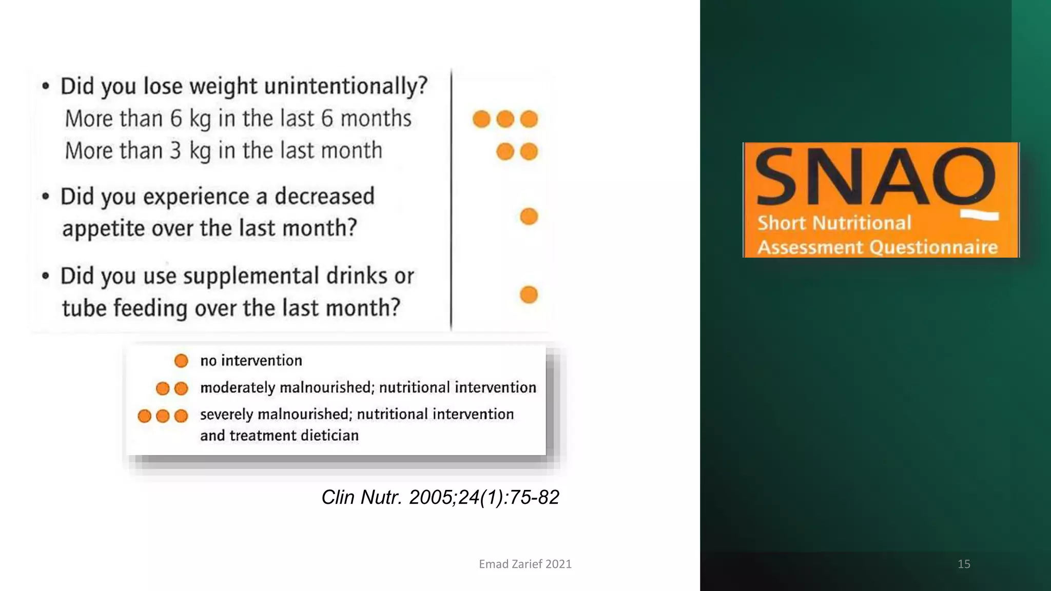 Screening Tool
Clin Nutr. 2005;24(1):75-82
Emad Zarief 2021 15
 