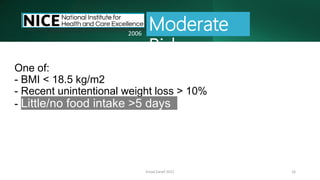 One of:
- BMI < 18.5 kg/m2
- Recent unintentional weight loss > 10%
- Little/no food intake >5 days
Emad Zarief 2021 16
Moderate
Risk
2006
 