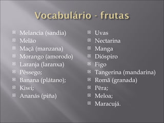    Melancia (sandia)      Uvas
   Melão                  Nectarina
   Maçã (manzana)         Manga
   Morango (amorodo)      Dióspiro
   Laranja (laranxa)      Figo
   Pêssego;               Tangerina (mandarina)
   Banana (plátano);      Romã (granada)
   Kiwi;                  Pêra;
   Ananás (piña)          Meloa;
                           Maracujá.
 