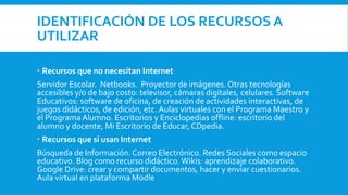 IDENTIFICACIÓN DE LOS RECURSOS A
UTILIZAR
 Recursos que no necesitan Internet
Servidor Escolar. Netbooks. Proyector de imágenes. Otras tecnologías
accesibles y/o de bajo costo: televisor, cámaras digitales, celulares. Software
Educativos: software de oficina, de creación de actividades interactivas, de
juegos didácticos, de edición, etc. Aulas virtuales con el Programa Maestro y
el Programa Alumno. Escritorios y Enciclopedias offline: escritorio del
alumno y docente, Mi Escritorio de Educar, CDpedia.
 Recursos que si usan Internet
Búsqueda de Información.Correo Electrónico. Redes Sociales como espacio
educativo. Blog como recurso didáctico. Wikis: aprendizaje colaborativo.
Google Drive: crear y compartir documentos, hacer y enviar cuestionarios.
Aula virtual en plataforma Modle
 