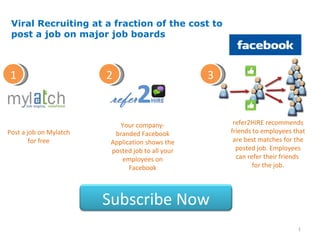 1 Post a job on Mylatch for free Your company-branded Facebook Application shows the posted job to all your employees on Facebook refer2HIRE recommends friends to employees that are best matches for the posted job. Employees can refer their friends  for the job. 2 3 Viral Recruiting at a fraction of the cost to post a job on major job boards Subscribe Now 