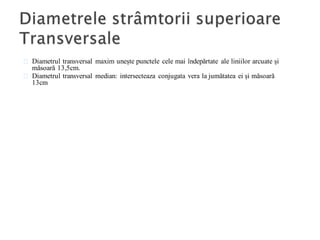 Diametrul transversal maxim unește punctele cele mai îndepărtate ale liniilor arcuate și
măsoară 13,5cm.
Diametrul transversal median: intersecteaza conjugata vera la jumătatea ei și măsoară
13cm
 