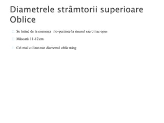 Se întind de la eminența ilio-pectinee la sinusul sacroiliac opus
Măsoară 11-12 cm
Cel mai utilizat este diametrul oblic stâng
 