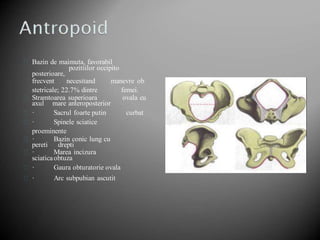Bazin de maimuta, favorabil
pozitiilor occipito
posterioare,
frecvent necesitand manevre ob
stetricale; 22.7% dintre femei.
Stramtoarea superioara ovala cu
axul mare anteroposterior
· Sacrul foarte putin curbat
· Spinele sciatice
proeminente
· Bazin conic lung cu
pereti drepti
· Marea incizura
sciaticaobtuza
· Gaura obturatorie ovala
· Arc subpubian ascutit
 