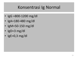 Konsentrasi Ig Normal
•
•
•
•
•

IgG =800-1200 mg/dl
IgA=180-480 mg/dl
IgM=50-150 mg/dl
IgD=3 mg/dl
IgE=0,3 mg/dl

53

 