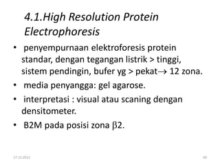 4.1.High Resolution Protein
Electrophoresis
• penyempurnaan elektroforesis protein
standar, dengan tegangan listrik > tinggi,
sistem pendingin, bufer yg > pekat→ 12 zona.
• media penyangga: gel agarose.
• interpretasi : visual atau scaning dengan
densitometer.
• B2M pada posisi zona β2.
17-12-2012

69

 