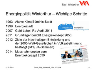 Energiepolitik Winterthur – Wichtige Schritte
1993 Aktive KlimaBündnis-Stadt
1999 Energiestadt
2007 Gold-Label, Re-Audit 2011
2011 Grundlagenbericht Energiekonzept 2050
2012 Ziele der Nachhaltigen Entwicklung und
der 2000-Watt-Gesellschaft in Volksabstimmung
bestätigt (64% JA-Stimmen)
2014 Massnahmenplan zum
Energiekonzept 2050
12.11.2014 4Smart_City_Winterthur_20141112.pptx
 