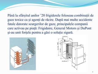 Până la sfârșitul anilor ’20 frigiderele foloseau combinații de
gaze toxice ca și agenți de răcire. După mai multe accidente
fatale datorate scurgerilor de gaze, principalele companii
care activau pe piață: Frigidaire, General Motors și DuPont
și-au unit forțele pentru a găsi o soluție sigură.
4
 