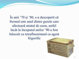 În anii ’70 și ’80, s-a descoperit că
freonul este unul dintre gazele care
afectează stratul de ozon, astfel
încât la începutul anilor ’90 a fost
înlocuit cu tetrafluoretanul ca agent
frigorific
6
 