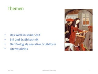 Themen
• Das Werk in seiner Zeit
• Stil und Erzähltechnik
• Der Prolog als narrative Erzählform
• Literaturkritik
02.11.2015 L´Heptaméron (1542-1549) 2
 