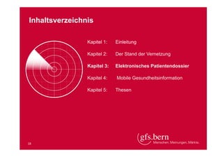 Inhaltsverzeichnis
Kapitel 1:
Kapitel 2:

Der Stand der Vernetzung

Kapitel 3:

Elektronisches Patientendossier

Kapitel 4:

Mobile Gesundheitsinformation

Kapitel 5:

18

Einleitung

Thesen

 
