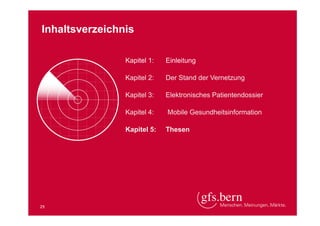Inhaltsverzeichnis
Kapitel 1:
Kapitel 2:

Der Stand der Vernetzung

Kapitel 3:

Elektronisches Patientendossier

Kapitel 4:

Mobile Gesundheitsinformation

Kapitel 5:

29

Einleitung

Thesen

 