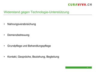 Widerstand gegen Technologie-Unterstützung

• Nahrungsverabreichung

• Demenzbetreuung

• Grundpflege und Behandlungspflege

• Kontakt, Gespräche, Beziehung, Begleitung

15
15

 