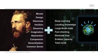 © 2015 International Business Machines Corporation 22
Morals
Design
Dilemmas
Intuition
Dreaming
Imagination
Abstraction
Compassion
Generalization
Common Sense
Deep Learning
Locating knowledge
Large-Scale math
Fact checking
Eliminate bias
Endless capacity
Total recall
 