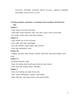 8
lentikularis), hidrosefalus normotensif, sindrom Shy-drager, degenerasi striatonigral,
atropi palidal (parkinsonismus juvenilis).
2.6.Tahap perjalanan penyakitnya sesuai dengan skala yang dibuat oleh Hoehn dan
Yahr.
Stadium I:
- Hanya terjadi satu sisi (kiri atau kanan)
- Wajah mulai kurang berekspresi, mulai sukar untuk senyum, ketawa atau bersedih
- Jika berjalan, ayunan lengan sudah mulai berkurang
Stadium II:
- Gejala menjadi dua sisi (kiri dan kanan)
- Postur tubuh sudah mulai membungkuk
- Gaya jalan melambat dengan langkah yang kecil-kecil
- Sukar untuk membalikkan badan
Stadium III:
- Gangguan gaya jalan sudah menonjol, penderita sudah mulai sering jatuh meskipun masih
jarang
Stadium IV:
- Kecacatan sudah jelas terjadi
- Hanya bisa berjalan dalam daerah yang terbatas jika tanpa bantuan
- Lebih sering jatuh daripada stadium sebelumnya
Stadium V:
- Hanya bisa berbaring atau duduk di kursi roda
- Tidak mampu berdiri/berjalan meskipun sudah dibantu
- Bicara tidak jelas, wajah tanpa ekspresi, mata jarang berkedip
 