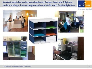 Ph. Baumann ¦ Swiss eHealth Forum, 5. März 2015 11
Konkret sieht das in den verschiedenen Praxen dann wie folgt aus:
meist «analog», immer pragmatisch und strikt nach Zuständigkeiten
 