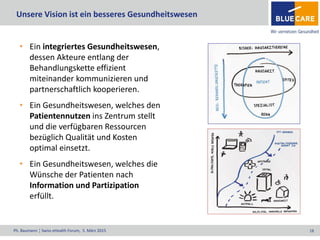 Ph. Baumann ¦ Swiss eHealth Forum, 5. März 2015 18
Unsere Vision ist ein besseres Gesundheitswesen
• Ein integriertes Gesundheitswesen,
dessen Akteure entlang der
Behandlungskette effizient
miteinander kommunizieren und
partnerschaftlich kooperieren.
• Ein Gesundheitswesen, welches den
Patientennutzen ins Zentrum stellt
und die verfügbaren Ressourcen
bezüglich Qualität und Kosten
optimal einsetzt.
• Ein Gesundheitswesen, welches die
Wünsche der Patienten nach
Information und Partizipation
erfüllt.
 