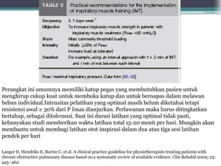 Perangkat ini umumnya memiliki katup pegas yang membutuhkan pasien untuk
menghirup cukup kuat untuk membuka katup dan untuk bernapas dalam melawan
beban individual.Intensitas pelatihan yang optimal masih belum diketahui tetapi
resistensi awal ≥ 30% dari P Imax dianjurkan. Perlawanan maka harus ditingkatkan
bertahap, sebagai ditoleransi. Saat ini durasi latihan yang optimal tidak pasti,
kebanyakan studi memberikan waktu latihan total 15-20 menit per hari. Mungkin akan
membantu untuk membagi latihan otot inspirasi dalam dua atau tiga sesi latihan
pendek per hari
Langer D, Hendriks E, Burtin C, et al. A clinical practice guideline for physiotherapists treating patients with
chronic obstructive pulmonary disease based on a systematic review of available evidence. Clin Rehabil 2009; 23:
445–462.
 