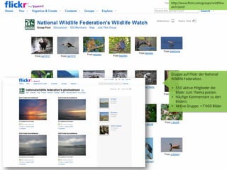http://www.flickr.com/groups/wildlifew
                                 atch/pool/




                                 Gruppe auf Flickr der National
                                 Wildlife Federation.

                                 + 550 aktive Mitglieder die
                                   Bilder zum Thema posten.
                                 + Häufige Kommentare zu den
                                   Bildern.
                                 + Aktive Gruppe: +7„000 Bilder




© orange8 interactive ag, 2010                                32
 