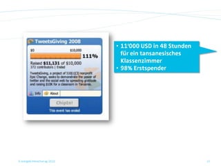 • 11'000 USD in 48 Stunden
                                   für ein tansanesisches
                                   Klassenzimmer
                                 • 98% Erstspender




© orange8 interactive ag, 2010                                37
 