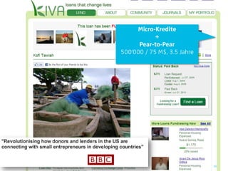 Micro-Kredite
                                             +
                                       Pear-to-Pear
                                 500'000 / 75 M$, 3.5 Jahre




© orange8 interactive ag, 2009                                38
 