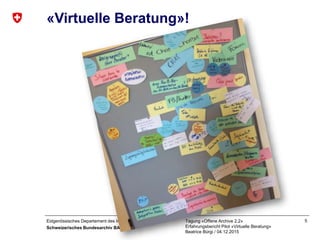 Eidgenössisches Departement des Innern EDI
Schweizerisches Bundesarchiv BAR
Tagung «Offene Archive 2.2»
Erfahrungsbericht Pilot «Virtuelle Beratung»
Beatrice Bürgi / 04.12.2015
5
«Virtuelle Beratung»!
 