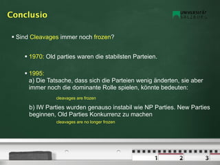 Conclusio

 Sind Cleavages immer noch frozen?


     1970: Old parties waren die stabilsten Parteien.

     1995:
      a) Die Tatsache, dass sich die Parteien wenig änderten, sie aber
      immer noch die dominante Rolle spielen, könnte bedeuten:
               cleavages are frozen

      b) IW Parties wurden genauso instabil wie NP Parties. New Parties
      beginnen, Old Parties Konkurrenz zu machen
               cleavages are no longer frozen
 