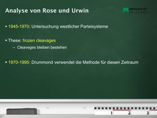 Analyse von Rose und Urwin

 1945-1970: Untersuchung westlicher Parteisysteme


 These: frozen cleavages
   – Cleaveges bleiben bestehen


 1970-1995: Drummond verwendet die Methode für diesen Zeitraum
 