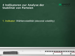 4 Indikatoren zur Analyse der
Stabilität von Parteien



1. Indikator: Wählervolatilität (elecoral volatility)
 