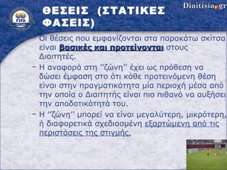 ΘΕΣΕΙΣ  (ΣΤΑΤΙΚΕΣ ΦΑΣΕΙΣ) Οι θέσεις που εμφανίζονται στα παρακάτω σκίτσα είναι  βασικές και προτείνονται  στους Διαιτητές . Η αναφορά στη ’’ζώνη’’ έχει ως πρόθεση να δώσει έμφαση στο ότι κάθε προτεινόμενη θέση είναι στην πραγματικότητα μία περιοχή μέσα από την οποία ο Διαιτητής είναι πιο πιθανό να αυξήσει   την αποδοτικότητά του. Η ’’ζώνη’’ μπορεί να είναι μεγαλύτερη, μικρότερη, ή διαφορετικά σχεδιασμένη   εξαρτώμενη από τις περιστάσεις της στιγμής. 