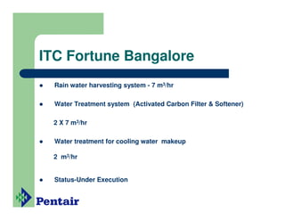 ITC Fortune Bangalore
  Rain water harvesting system - 7 m3/hr

  Water Treatment system (Activated Carbon Filter & Softener)

 2 X 7 m3/hr

  Water treatment for cooling water makeup

 2 m3/hr


  Status-Under Execution
 