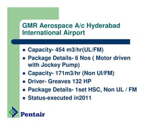 GMR Aerospace A/c Hyderabad
International Airport

 Capacity- 454 m3/hr(UL/FM)
 Package Details- 6 Nos ( Motor driven
 with Jockey Pump)
 Capacity- 171m3/hr (Non Ul/FM)
 Driver- Greaves 132 HP
 Package Details- 1set HSC, Non UL / FM
 Status-executed in2011
 