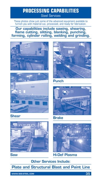 WWW.SSS-STEEL.COM	 35
PageHeading
Subheading
Processing Capabilities
Steel Services
Shear
These photos show just some of the advanced equipment available to
furnish you with material cut, processed, and ready for fabrication.
Our capabilities include sawing, shearing,
flame cutting, slitting, blanking, punching,
forming, cylinder rolling, welding and grinding.
Other Services Include:
Plate and Structural Blast and Paint Line
Brake
Saw
Punch
Hi-Def Plasma
 