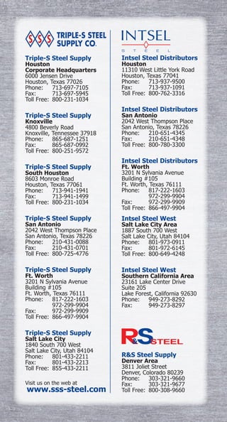 Triple-S Steel Supply
Houston
Corporate Headquarters
6000 Jensen Drive
Houston, Texas 77026
Phone:	 713-697-7105
Fax:	 713-697-5945
Toll Free:	 800-231-1034
Triple-S Steel Supply
Knoxville
4800 Beverly Road
Knoxville, Tennessee 37918
Phone:	 865-687-1251
Fax:	 865-687-0992
Toll Free:	 800-251-9572
Triple-S Steel Supply
South Houston
8603 Monroe Road
Houston, Texas 77061
Phone:	 713-941-1941
Fax:	 713-941-1499
Toll Free:	 800-231-1034
Triple-S Steel Supply
San Antonio
2042 West Thompson Place
San Antonio, Texas 78226
Phone:	 210-431-0088
Fax:	 210-431-0701
Toll Free:	 800-725-4776
Triple-S Steel Supply
Ft. Worth
3201 N Sylvania Avenue
Building #105
Ft. Worth, Texas 76111
Phone:	 817-222-1603
	 972-299-9904
Fax:	 972-299-9909
Toll Free:	 866-497-9904
Triple-S Steel Supply
Salt Lake City
1840 South 700 West
Salt Lake City, Utah 84104
Phone:	 801-433-2211
Fax:	 801-433-2213
Toll Free:	 855-433-2211
Intsel Steel Distributors
Houston
11310 West Little York Road
Houston, Texas 77041
Phone:	 713-937-9500
Fax:	 713-937-1091
Toll Free:	 800-762-3316
Intsel Steel Distributors
San Antonio
2042 West Thompson Place
San Antonio, Texas 78226
Phone:	 210-651-4345
Fax:	 210-651-4348
Toll Free:	 800-780-3300
Intsel Steel Distributors
Ft. Worth
3201 N Sylvania Avenue
Building #105
Ft. Worth, Texas 76111
Phone:	 817-222-1603
	 972-299-9904
Fax:	 972-299-9909
Toll Free:	 866-497-9904
Intsel Steel West
Salt Lake City Area
1887 South 700 West
Salt Lake City, Utah 84104
Phone:	 801-973-0911
Fax:	 801-972-6145
Toll Free:	 800-649-4248
Intsel Steel West
Southern California Area
23161 Lake Center Drive
Suite 205
Lake Forest, California 92630
Phone:	 949-273-8292
Fax:	 949-273-8297
R&S Steel Supply
Denver Area
3811 Joliet Street
Denver, Colorado 80239
Phone:	 303-321-9660
Fax:	 303-321-9677
Toll Free:	 800-308-9660
Visit us on the web at
www.sss-steel.com
 