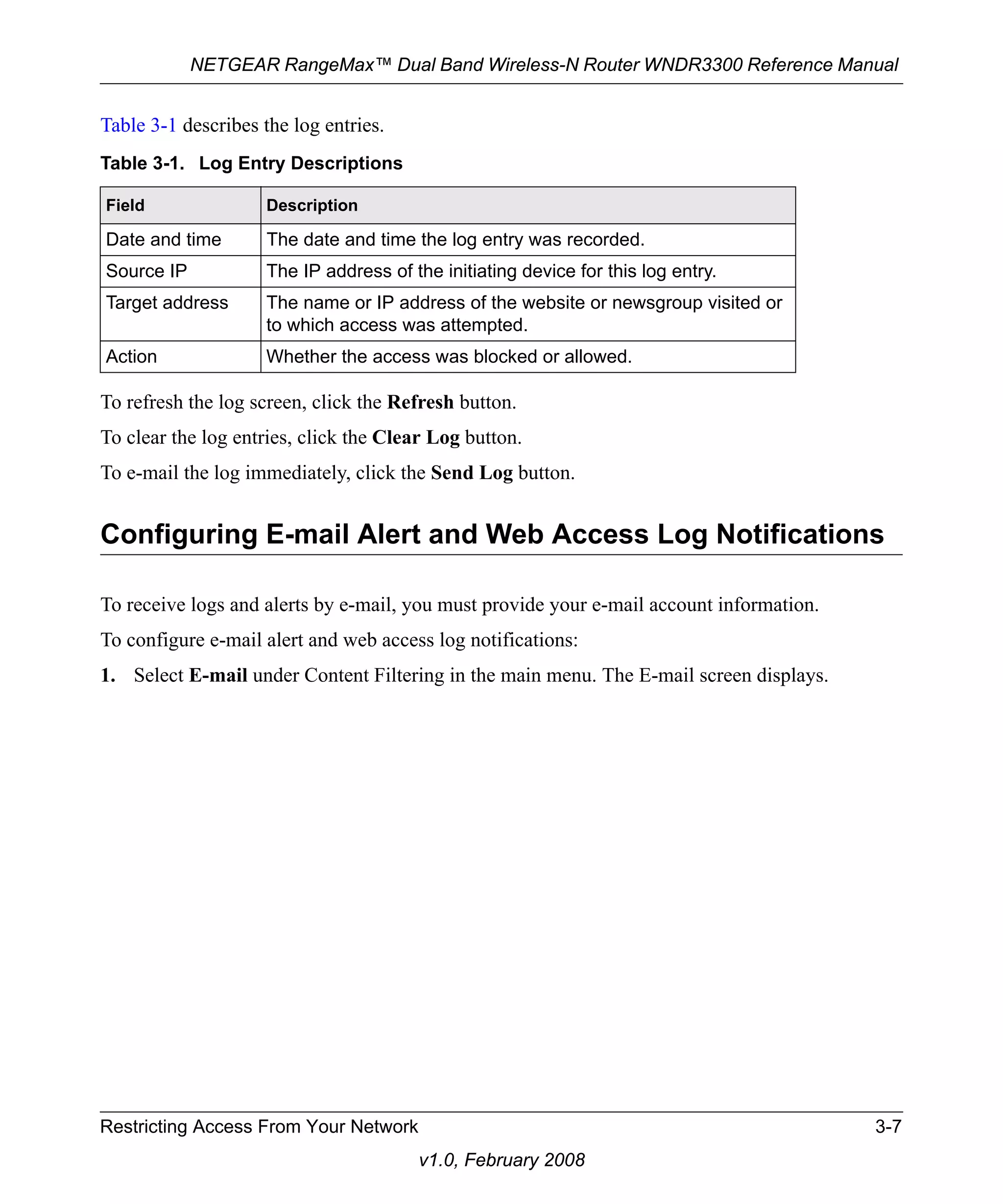 NETGEAR RangeMax™ Dual Band Wireless-N Router WNDR3300 Reference Manual 
Table 3-1. Log Entry Descriptions 
Field Description 
Date and time The date and time the log entry was recorded. 
Source IP The IP address of the initiating device for this log entry. 
Target address The name or IP address of the website or newsgroup visited or 
to which access was attempted. 
Action Whether the access was blocked or allowed. 
Restricting Access From Your Network 3-7 
v1.0, February 2008 
Table 3-1 describes the log entries. 
To refresh the log screen, click the Refresh button. 
To clear the log entries, click the Clear Log button. 
To e-mail the log immediately, click the Send Log button. 
Configuring E-mail Alert and Web Access Log Notifications 
To receive logs and alerts by e-mail, you must provide your e-mail account information. 
To configure e-mail alert and web access log notifications: 
1. Select E-mail under Content Filtering in the main menu. The E-mail screen displays. 
 