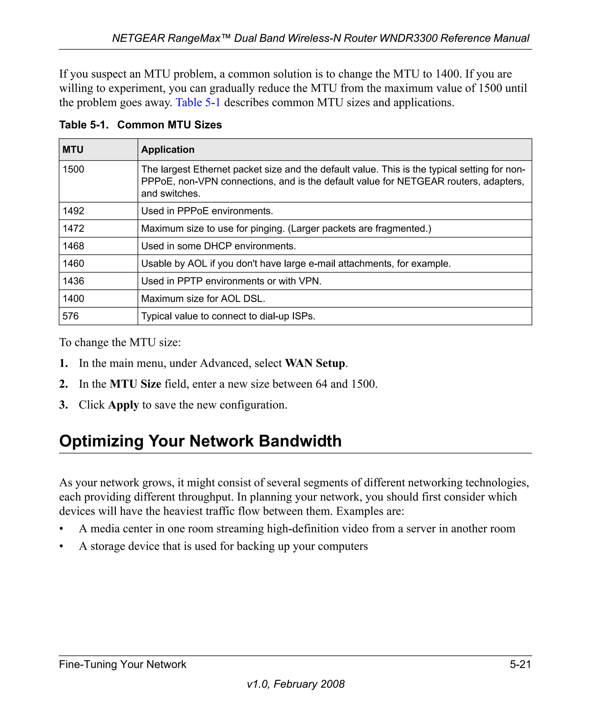 NETGEAR RangeMax™ Dual Band Wireless-N Router WNDR3300 Reference Manual 
If you suspect an MTU problem, a common solution is to change the MTU to 1400. If you are 
willing to experiment, you can gradually reduce the MTU from the maximum value of 1500 until 
the problem goes away. Table 5-1 describes common MTU sizes and applications. 
Table 5-1. Common MTU Sizes 
MTU Application 
1500 The largest Ethernet packet size and the default value. This is the typical setting for non- 
PPPoE, non-VPN connections, and is the default value for NETGEAR routers, adapters, 
and switches. 
1492 Used in PPPoE environments. 
1472 Maximum size to use for pinging. (Larger packets are fragmented.) 
1468 Used in some DHCP environments. 
1460 Usable by AOL if you don't have large e-mail attachments, for example. 
1436 Used in PPTP environments or with VPN. 
1400 Maximum size for AOL DSL. 
576 Typical value to connect to dial-up ISPs. 
To change the MTU size: 
1. In the main menu, under Advanced, select WAN Setup. 
2. In the MTU Size field, enter a new size between 64 and 1500. 
3. Click Apply to save the new configuration. 
Optimizing Your Network Bandwidth 
As your network grows, it might consist of several segments of different networking technologies, 
each providing different throughput. In planning your network, you should first consider which 
devices will have the heaviest traffic flow between them. Examples are: 
• A media center in one room streaming high-definition video from a server in another room 
• A storage device that is used for backing up your computers 
Fine-Tuning Your Network 5-21 
v1.0, February 2008 
 