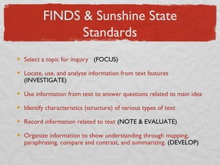 FINDS &  Sunshine State Standards Select a topic for inquiry  (FOCUS) Locate, use, and analyze information from text features  (INVESTIGATE) Use information from text to answer questions related to main idea Identify characteristics (structure) of various types of text Record information related to text  (NOTE & EVALUATE) Organize information to show understanding through mapping, paraphrasing, compare and contrast, and summarizing.  (DEVELOP) 
