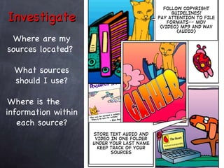 Investigate Where are my sources located?  What sources should I use? Where is the  information within each source? 